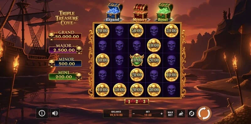 Triple Treasure Cove – mängu esiekraan rullikute ja piraatide lahega